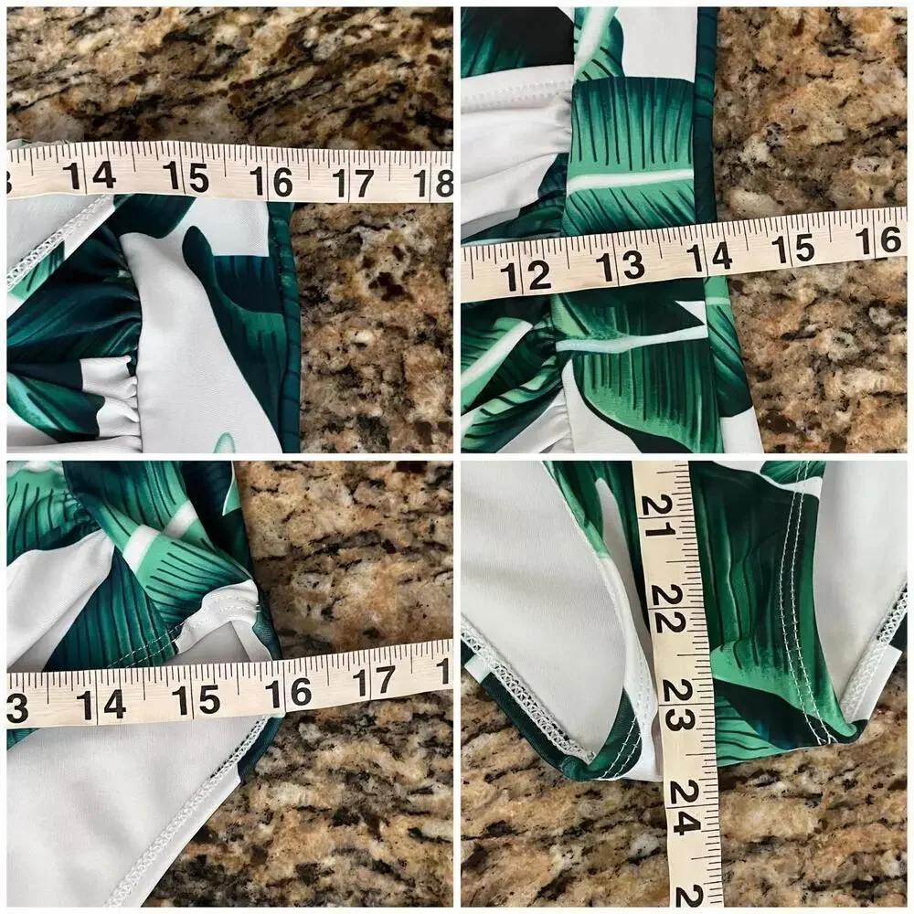 Tropical Palm Leaf One Piece Swimsuit XL Green White Halter Ruched Tummy Control